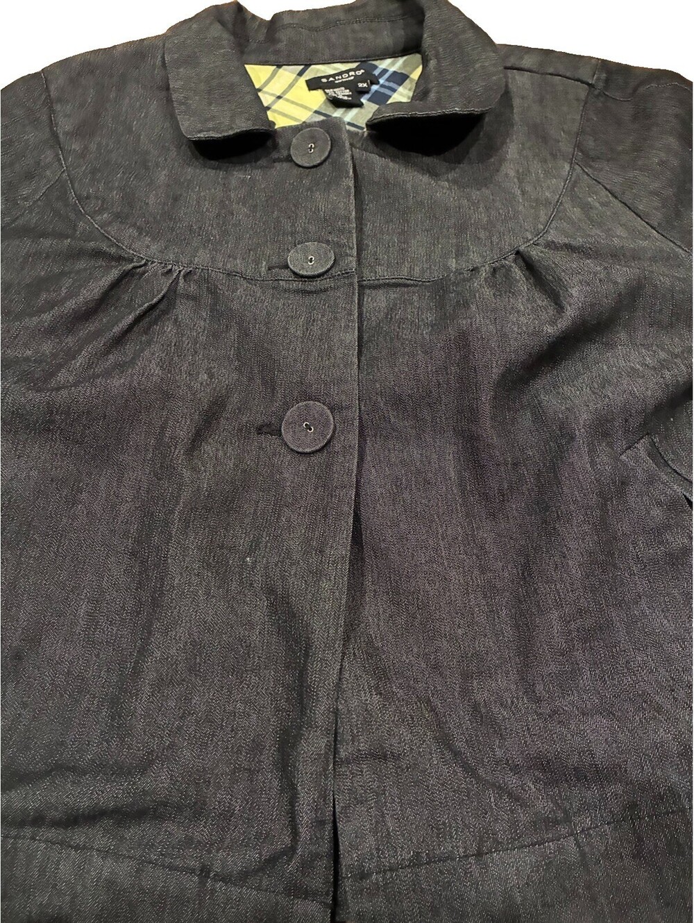 SANDRO Sportswear Charcoal Gray Denim Swing Jacket Plaid Lined Plus Size 2X